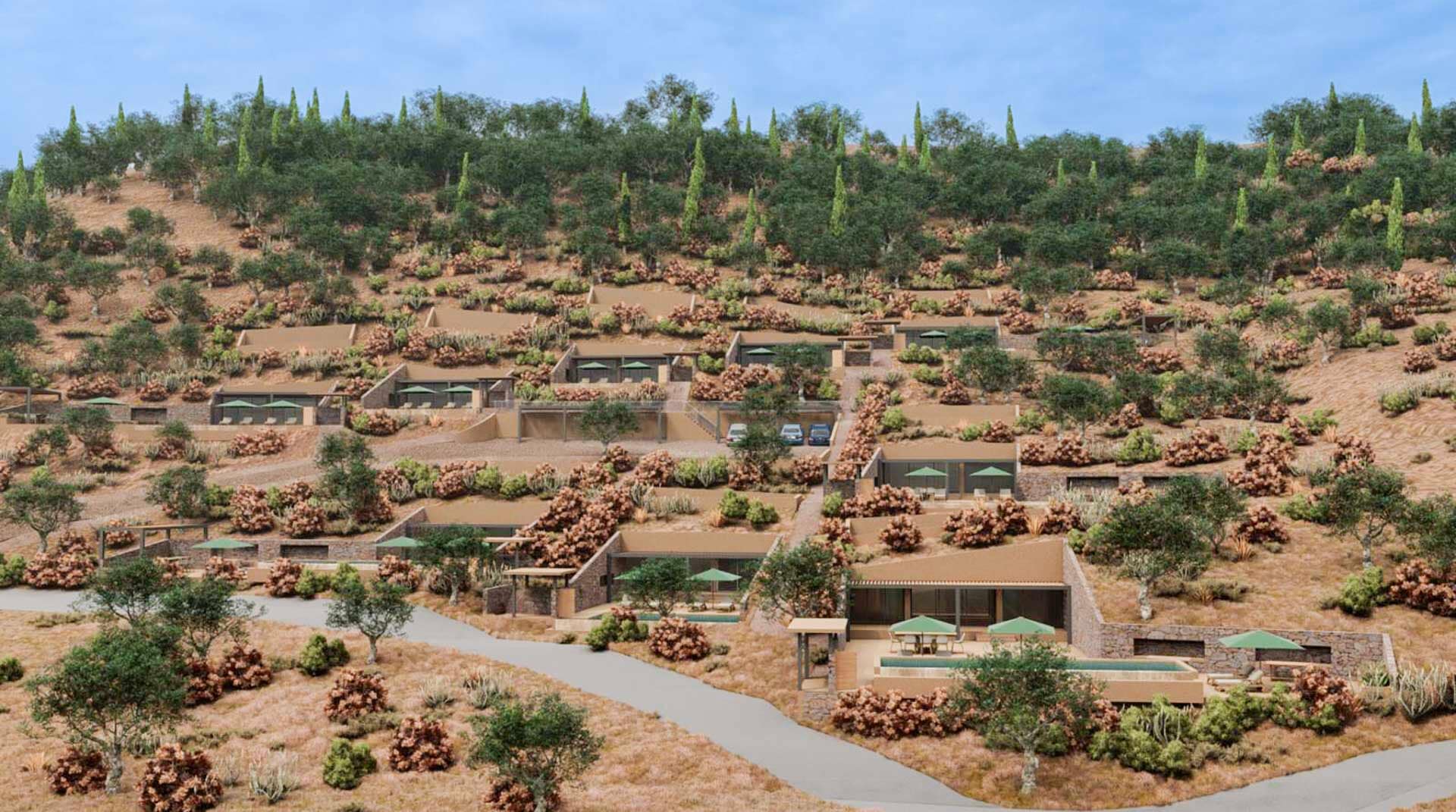 to the left border, render of sheva lefkada luxury private villas sold out, still being built